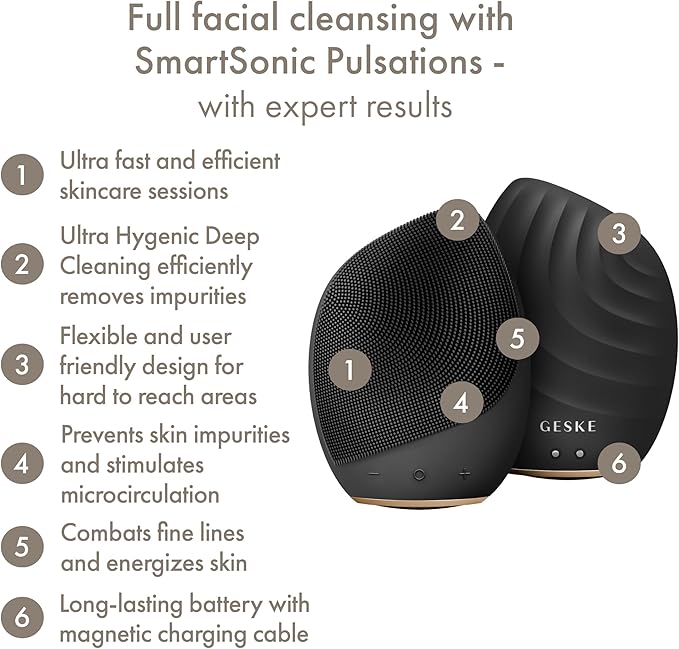GESKE SmartAppGuided™ Sonic Facial Brush 5 in 1 | Vibrating Electric Facial Cleansing Brush | Soft Silicone Brush | Professional Facial Cleanser | Skin Cleanser & Exfoliator | Face Massager
