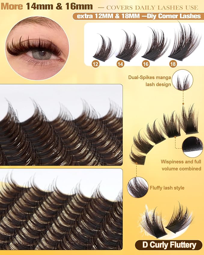 Brown Lash Clusters With Spikes More 14/16mm Volume Eyelash Clusters Wispy Fluttery Cluster Eyelashes Extensions Fairy Cluster Lashes Manga Individual Lashes by Pleell (D Curly, 144PCS, 12-18MM)