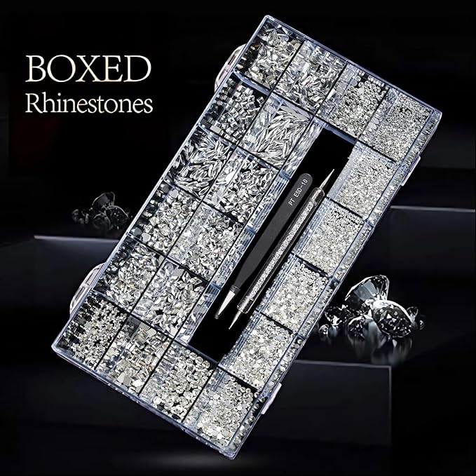 Yzzseven 12 Types of 600 White Diamonds + 2500 Flat Rhinestones Mix 20 Styles Flatback DIY Crafts Rhinestone Crystals 3D Ornament‌s Flat Back Stones Set + Tweezers + Drill Pen