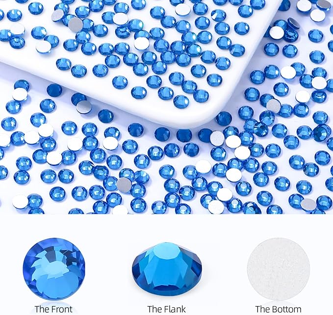 Meibite Capri Blue Flatback Rhinestones, Glass Rhinestones for Nail Art and Craft, Glue Fix, Loose Crystal Gemstones(Capri Blue, SS6, 1440pcs, 1.9-2.0mm)