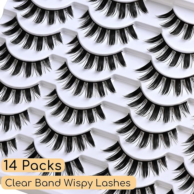 Manga Lashes Wispy Spiky Anime Eyelashes 14 Pairs Doll-Eye Wet Look Cat-Eye Strip Lashes Faux Mink Manhua Eyelash Manga Look Reusable Manhwa False Eyelashes for Beginners
