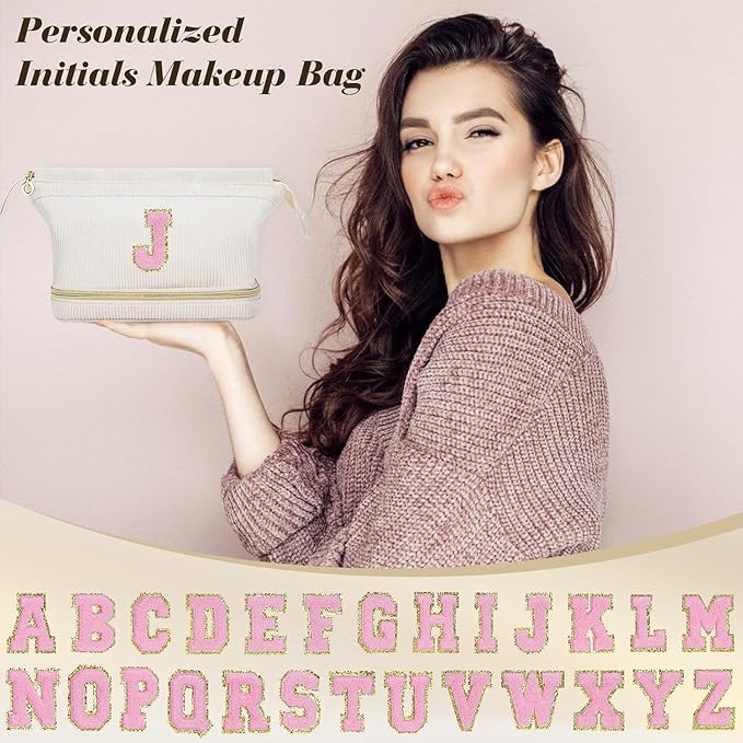 Makeup Bag for Girls Gift, Personalized Christmas Gifts Initial Women Makeup Bag for Travel, Double Layer Cosmetic Bag with Brush Organizer Preppy Make up Bag for Teen Girl Trendy - M
