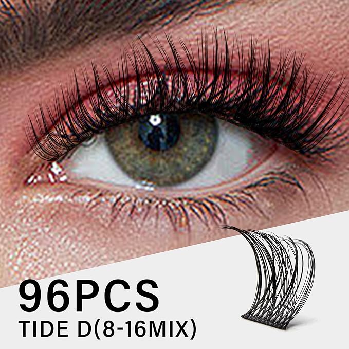 VYRILA Lash Clusters 8-16mm, False Eyelashes 96pcs, Cluster Eyelash Extensions Matte Black Soft, Diy Lash Extensions D Curl Natural Lash Clusters Faux Mink Lashes Wispy（Tide,96pcs,0.07,D,8-16MIX)