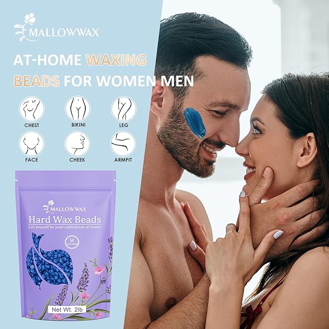 Mallowwax Hard Wax Beads, 2LB Blue Wax for Full-Body Hair, Strong Grip for Thick Hair Removal, Waxing for Legs, Arms, Chest & Back, No Strips Needed, Easy to Use at Home or Salon
