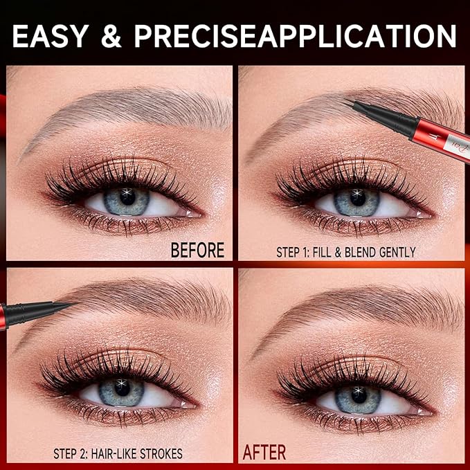 DUDUDU Eyebrow Pencil for Women - Microblading Eyebrow Pen with Dual-Ended Design featuring 2-Fork Tip & Fine Single Brush-Tip, Waterproof, Creates Natural Hair-Like Strokes, Long-Lasting Black