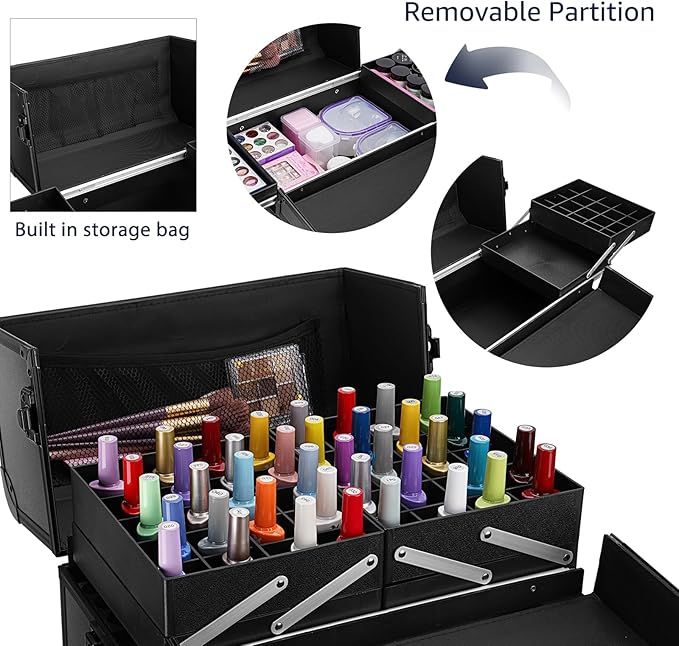 Yokilly Rolling Makeup Train Case, Professional Cosmetology Case on Wheels, Aluminum Cosmetic Trolley Travelling Cart Trunk with Swivel Wheels, Sliding Drawer & Keys for Nail Technician Stylist(Black)