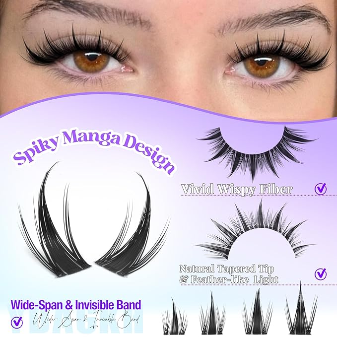 Manga Lash Clusters Kit with Spikes Natural Eyelash Clusters Kit Invisible Band Spiky Clusters Eyelash Extensions Kit Wispy DIY Anime Lash Extension with Lash Bond and Seal, Tweezers