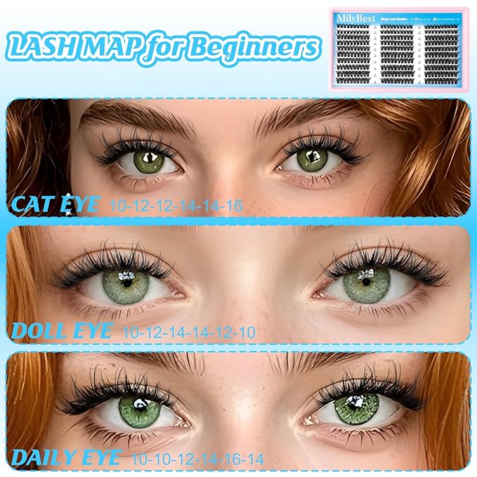 MilyBest Lash Clusters Fluffy DIY Lash Extensions Kit Thick Volume 80D Eyelash Clusters 10-16mm Individual Eye Lashes Wispy False Eyelashes D Curl 300pcs High Capacity Cluster Eyelash Extensions Kit