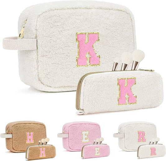 for Valentines Day Gifts, Travel Makeup Bag for Women, Initial Make Up Bag Set for 6 7 8 9 10 11 12 13 Years Old Kids Tween Girls, Large Cosmetic Skincare Bags for Birthday Gifts, White K