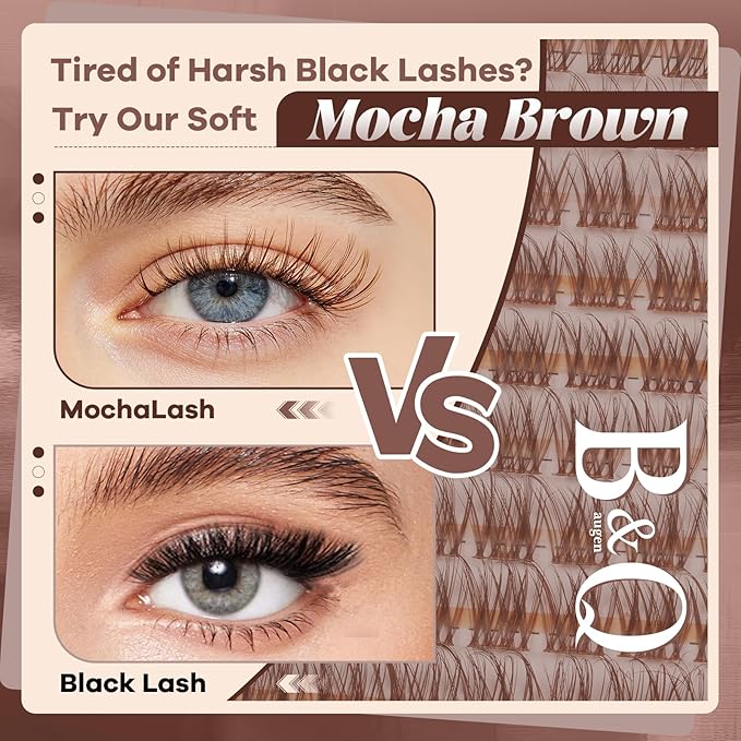 B&Q Brown Lash Clusters Natural Lash Clusters for Light Hair, Reusable MochaLash Cluster Eyelash Extensions Soft Brown False Eyelashes Comfortable Eyelash Clusters Perfect for Occasions（MochaLash 01）