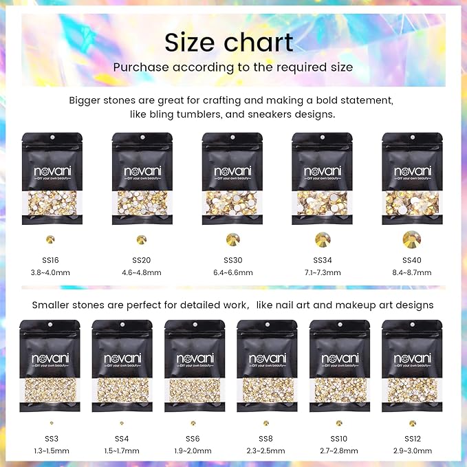 Novani Rhinestones 288Pcs Flatback Crystal Round Loose Gemstones Glass Rhinestones for Crafts Makeup Nail Art Clothes Shoes DIY Decorations(SS30,6.4-6.6mm,MetalSunlight)