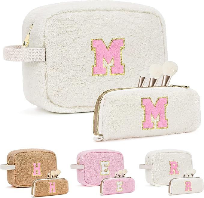 for Valentines Day Gifts, Travel Makeup Bag for Women, Initial Make Up Bag Set for 6 7 8 9 10 11 12 13 Years Old Kids Tween Girls, Large Cosmetic Skincare Bags for Birthday Gifts, White M