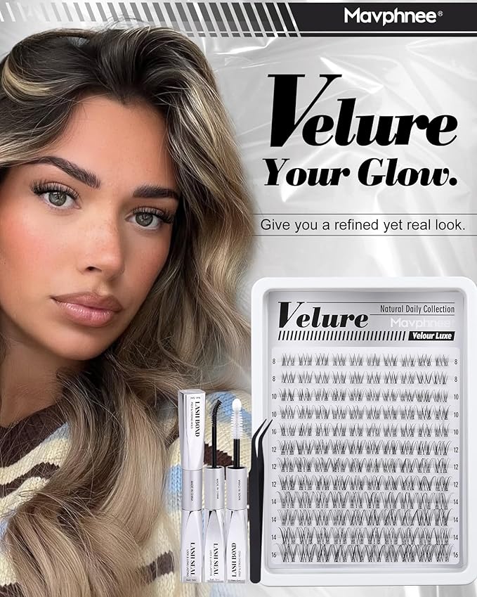 Clear Band Lash Clusters Kit Natural Cluster Eyelash Extensions Kit Wispy Individual Lashes CC-Curly Cluster Lashes Venus Eyelash Clusters Lash Bond and Seal Easy DIY Lash Kit (Velure, 8-16MM)