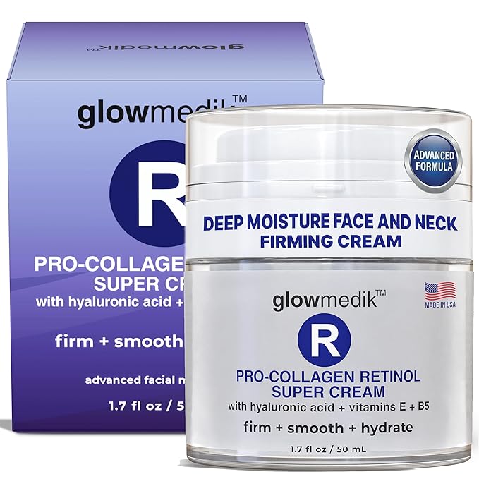 Glowmedik Pro-Collagen Retinol Super Cream w/Hyaluronic Acid, Vitamin E & Aloe | Anti Aging + Facial Moisturizer for Fine Lines, Uneven Tone & Dry Skin | Retinol Cream for face moisturizer 50ml