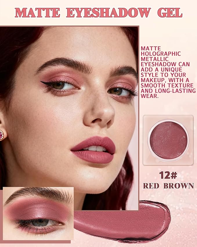 Matte Single Eyeshadow Palette, Red Brown Creamy Highly Pigmented Eye Shadow, Long-Lasting Blendable Waterproof Eyeshadow, Lightweight Eye Shadow Makeup Palette Christmas Party Gift for Women Girls-12