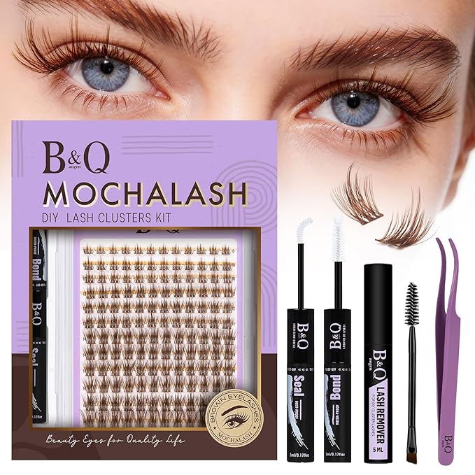 B&Q Brown Lash Clusters Kit Natural Mochalash Clusters 02, Wispy Eyelash Clusters Kit C-Curl Cluster Eyelash Extensions 8-16mm Brown Lash Eyelashes Kit for Fair/Dark Hair(Mochalash 02 Set)