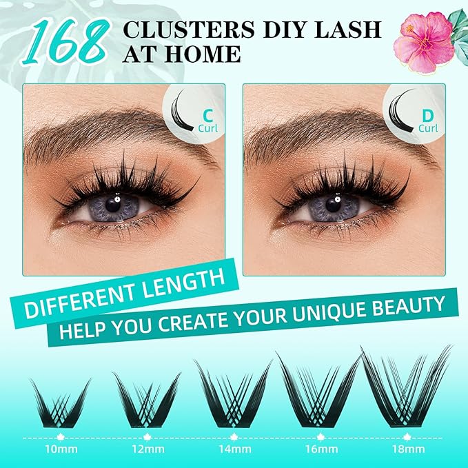 Lash Clusters Manga 168Pcs Eyelash Cluster Wet Look Ultra-Thin Invisible Lash Band Eyelashes Extensions Spiky Anime Wide Span Lashes(Kitten,C-Mix10-18mm)