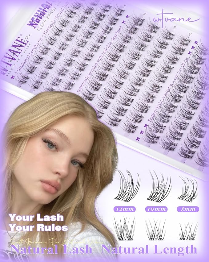 Wtvane Wispy Lash Clusters Natural Eyelash Clusters Venus Short 8-12mm Cluster Eyelash Extensions Invisible Band Cluster Lashes C-Curly Individual Lashes Clusters Extensions Natural Look Daily Wear