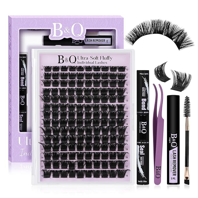 B&Q Fluffy Lash Clusters Kit UltraSoft Cluster Eyelash Extensions, 300D Volume Eyelash clusters 10-18mm Lash Extension Kit, D Curl Individual Lashes kit with lash Applicator Tool (300D Set)