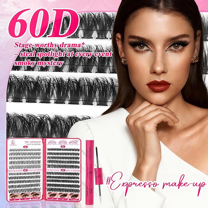 Waltz Lash Clusters Kit - Lash Clusters Lashes D Curl Eyelash Clusters Lash Extension Kit 30D40D50D60DFluffy eyelash clusters kit with Bond and Seal 0.07MM False Eyelashes DIY at Home