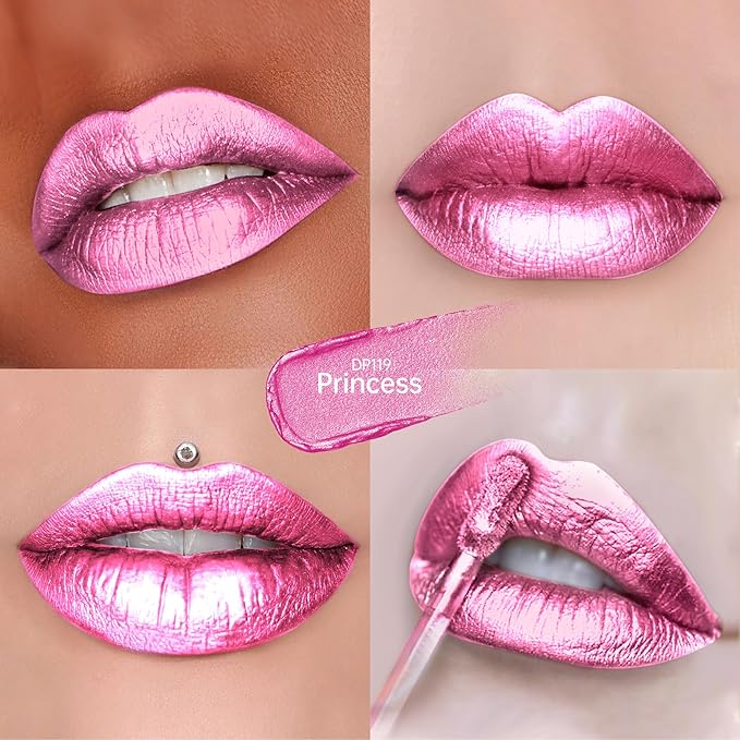 Depuplum Pink Lipsticks for Women Metallic Lipstick Long Lasting Non Stick Cup Lip Gloss, Shimmer Lightweight Hydrating Full Coverage Lip Color, DP119 Princess