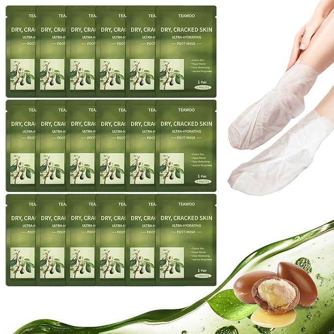 TEAWOO 18 Pairs Moisturizing Foot Masks with Shea Butter, Jojoba Oil, Vitamin E & Urea, Intensely Hydrating Foot Mask For Dry Cracked Feet, Moisturizing Socks for Cracked Heel Treatment