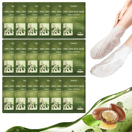 TEAWOO 18 Pairs Moisturizing Foot Masks with Shea Butter, Jojoba Oil, Vitamin E & Urea, Intensely Hydrating Foot Mask For Dry Cracked Feet, Moisturizing Socks for Cracked Heel Treatment
