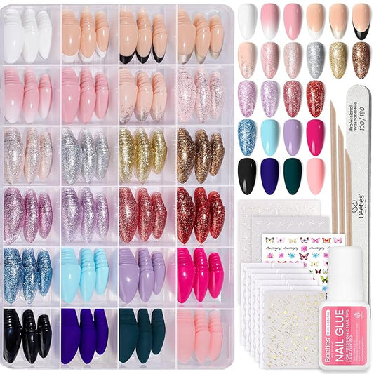 Beetles Press on Nails Kit 720Pcs 24 Colors, Short Almond Press on Nails Glossy Matte Glitter With Nail Glue & Nail Tabs Stickers, Natural Fit Lightweight Fake Nails Kit Art For Women Girls