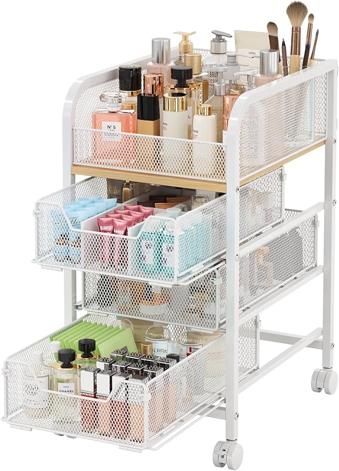 Rolling Makeup Cart Organizer with 3 Drawers, Narrow Floor Skincare Organizers, Cosmetics Display Cases Vanity Organizer for Skin Care Nail Polish Perfume Makeup Brush, White