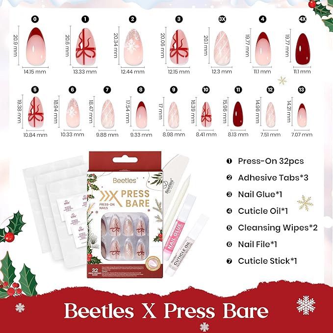 Beetles Christmas Press On Nails - Christmas Bow | Short Almond Press On Nails | 32Pcs 16 Sizes Natural Salon Quality Red French Nail Tips With Quick-drying Nail Glue For Women
