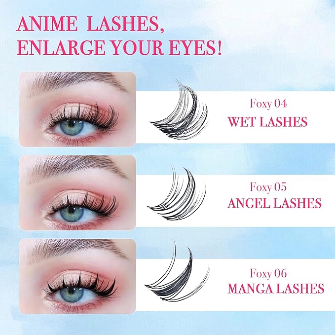 Lash Clusters Kit Manga Lash Clusters D Curl Lashes Clusters Anime Lashes Ultra-Thin Invisible Band 0.05mm Eyelash Extension Kit DIY at Home