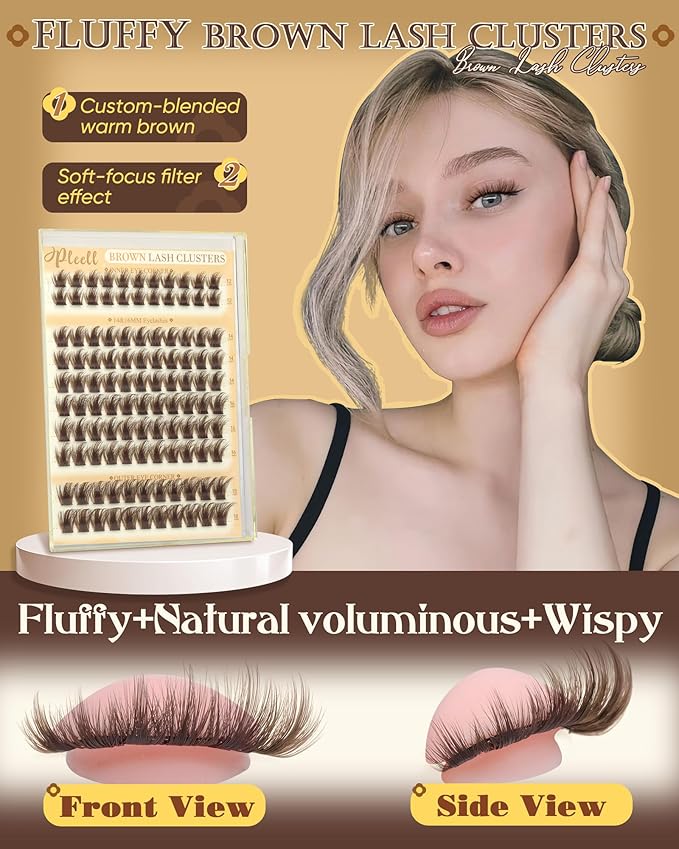 Pleell Brown Lash Clusters Fluff Manga Eyelash Clusters Natural Volume Cluster Eyelashes Extensions D-Curly 12-18MM Cluster Lashes Wispy False Lashes Clusters