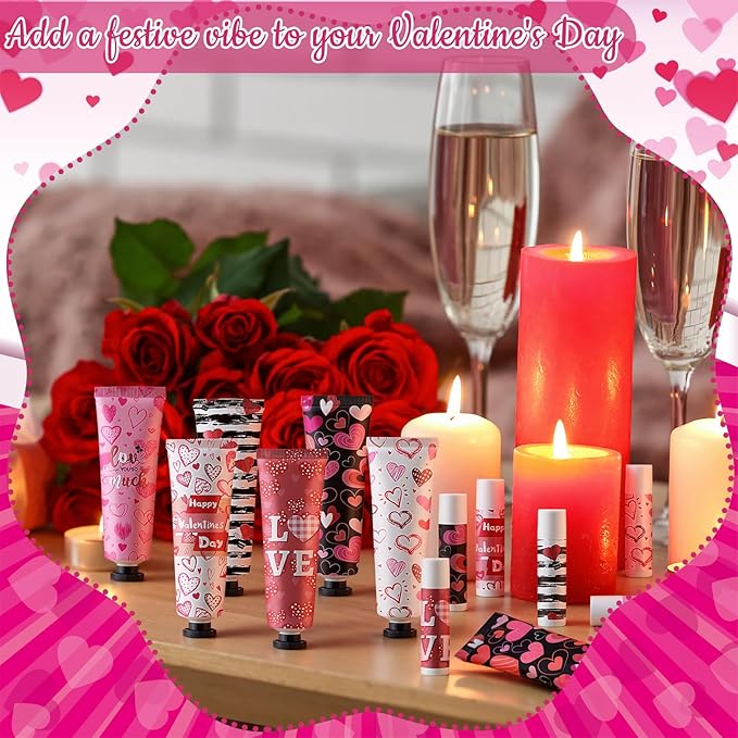 Loopeer 24 Sets Valentine's Day Hand Cream Lip Balm Bulk Gifts Galentine's Day Gift Valentine Party Favor Love Heart Mini Travel Size Moisturizing Hand Lotion for Women Coworker Teacher Nurse, 30 ml