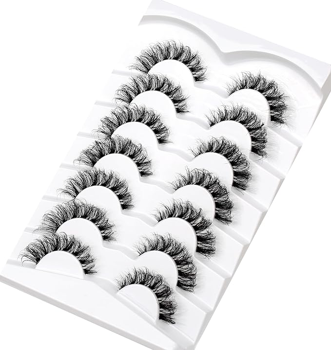 Pooplunch Fake Eyelashes Faux Mink Lashes Strips Cat Eye Wispy Volume Lashes D-Curly Clear-Band Natural 8D Extensions Wispies Short False Eyelash 7 Pairs Pack