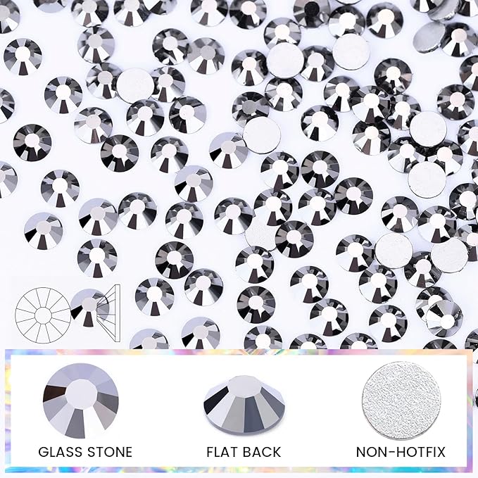 Novani Rhinestones Flatback Rhinestones Glass Gems Stones Jewels Round Gemstones Non-Hotfix Crystal for Nail Crafts,SS12,1440 Pieces,Hematite Black