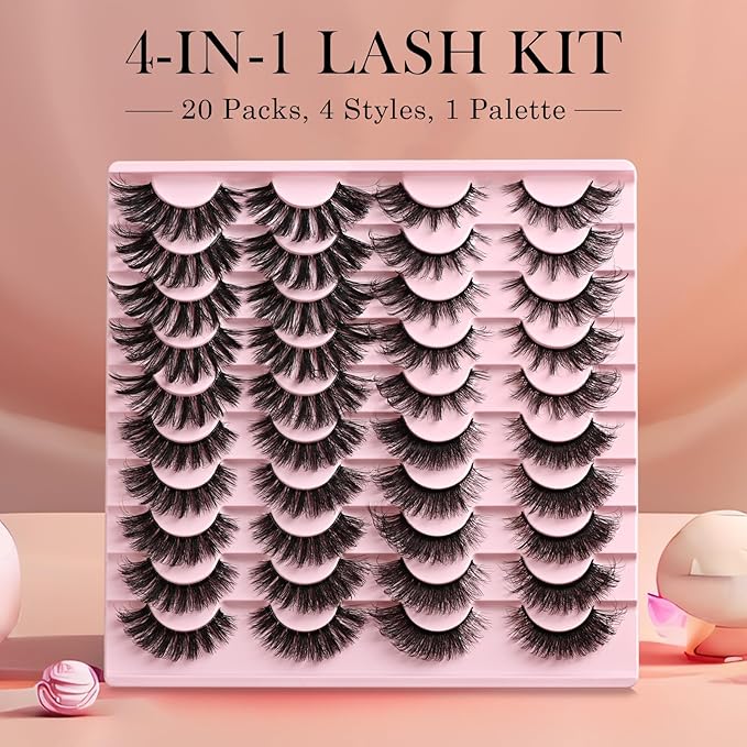 Lashes Wispy False Eyelashes 4 Styles Cat Eye Strip Lash Natural Look 20 Pairs Fake Mink Bulk Eyelash Pack Volume Fluffy Cateye Lashes Strips that Look Like Extensions Full Wispies Lashes