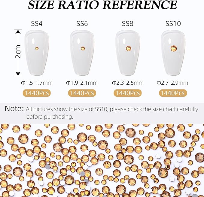 Meibite Topaz Flatback Rhinestones, Glass Rhinestones for Nail Art and Craft, Glue Fix, Loose Crystal Gemstones(Topaz, SS6, 1440pcs, 1.9-2.0mm)