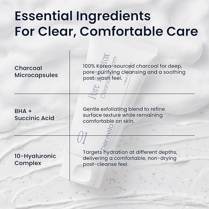 Pore Deeptox Cleansing Foam, Charcoal + BHA & Succinic Acid, One-Step Pore-Purifying Cleanser, 10-Weight Hyaluronic, 4.06 fl oz (120 mL) | Korean Face Wash for Oily & Sensitive Skin