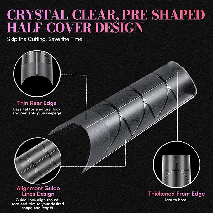 Makartt Half Cover Square Nail Tips: No C Curve Clear Acrylic XXL Extra Long Pre-shaped, Full Matte, 240 PCS, 12 Sizes, Fake Nails for Extensions Manicure Salon Home DIY