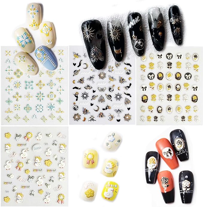 4-Sheet 3D Nail Art Stickers Set – Cute Ducks, Bohemian Patterns, Celestial Magic & Elegant Camellias – 160-200 Pre-Cut Self-Adhesive Nail Decals for DIY & Salon Manicures