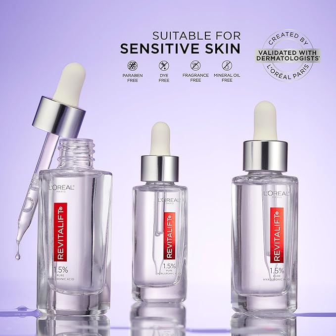 L'Oreal Paris Revitalift 1.5% Pure Hyaluronic Acid Serum for Face, Anti Aging Serum to Hydrate Skin & Reduce Wrinkles, Fragrance Free Skin Care for All Skin Types, 1 Oz