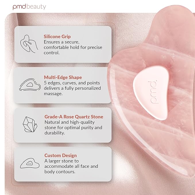 PMD Beauty Gua Sha Facial Tools - Massaging, Sculpting and Depuffing Guasha Tool for Face with Rose Quartz and Silicone Grip - Reduce Tension & Inflammation
