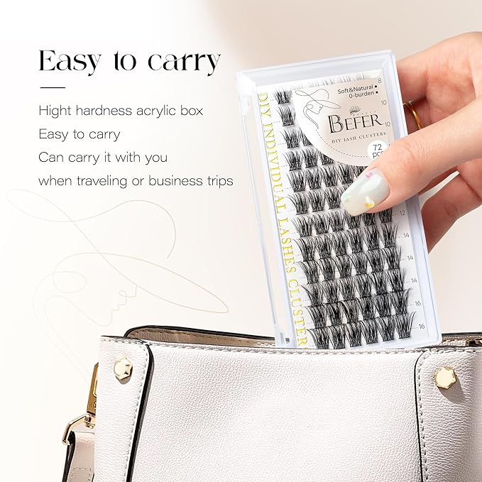 BEFER Lash Clusters, 72 Pcs D Curl Eyelash Super Fluffy Lightweight Individual Lashes 8-16MM Cluster Eyelash Extensions DIY At Home(Serenity,FD27)