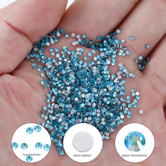 1440Pcs Aquamarine Crystal Rhinestones,Glass Flatback Rhinestones Gemstones Mini for Nail Face Makeup Art Crafts Clothes Decoration - (SS6,2.0mm, Aquamarine)
