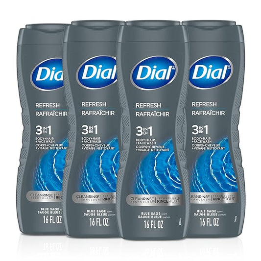 Dial Men 3 in 1 Body, Hair and Face Wash, Refresh, 16 Fl Oz (Pack of 4), Blue Sage Scent, Cleanses Deep + Gentle on Skin with Clean Rinse Technology