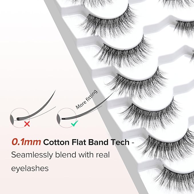 Cat Eye Lashes - Natural 15mm Wispy False Eyelashes, Thin Band, 3D Volume, Curly, 7 Pair Pack