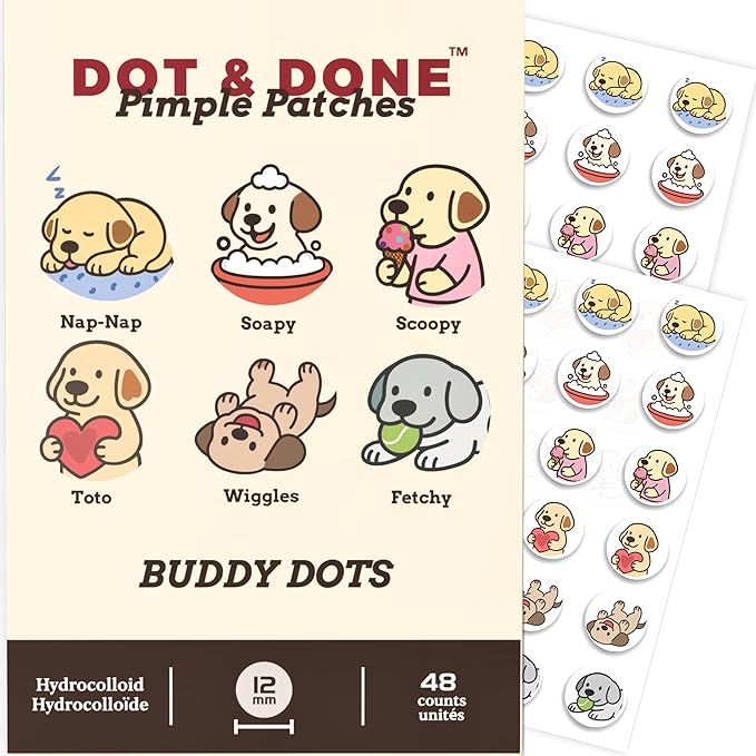DOT & DONE Hydrocolloid Pimple Patches for Face, 48 Count 12 mm Round Acne Spot Dots with 6 Cute Dog Designs, Cute Pimple Patches for Teens & Adults, Day & Night Use, Buddy Dot Series