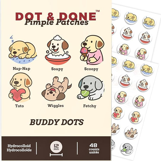 DOT & DONE Hydrocolloid Pimple Patches for Face, 48 Count 12 mm Round Acne Spot Dots with 6 Cute Dog Designs, Cute Pimple Patches for Teens & Adults, Day & Night Use, Buddy Dot Series