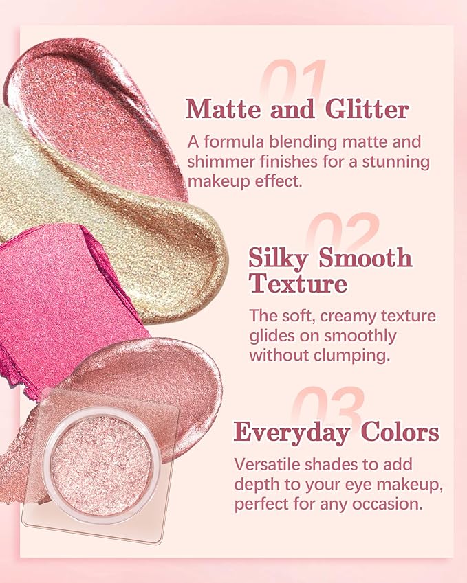 Sparkle Single Eyeshadow Cream, Chrome Pink Glitter Highly Pigmented Eye Shadow, Long-Lasting Blendable Shimmer Eyeshadow,Lightweight Eye Shadow Makeup Palette Christmas Party Gift for Women Girl-03