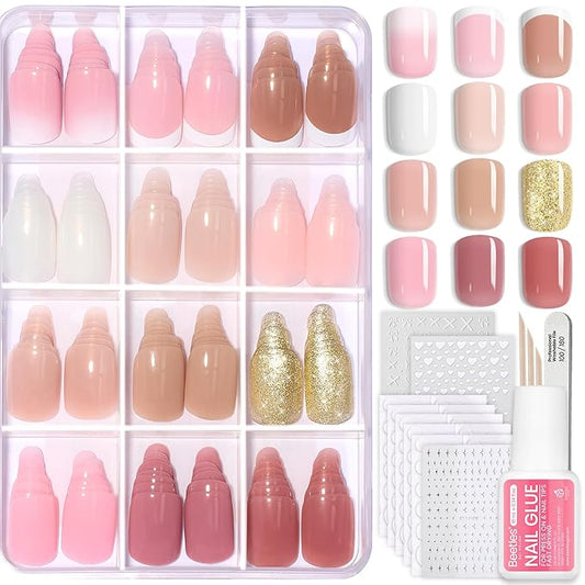 Beetles Press On Nails Kit - Caramel Drift | 360Pcs 12 Colors Short Square Press On Nails | 15 Sizes French Glossy Glitter Jelly With Nail Glue & Nail Tabs Stickers, Fake Nails Kit Art For Women